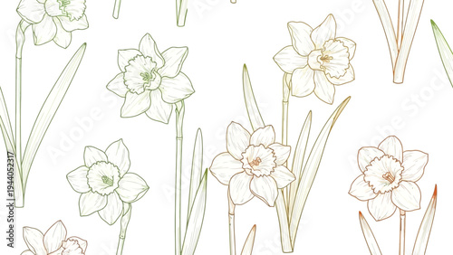 Elegant daffodil flower pattern with hand drawn narcissus blooms and long green leaves in light sepia and green tones on white backdrop for stationery
