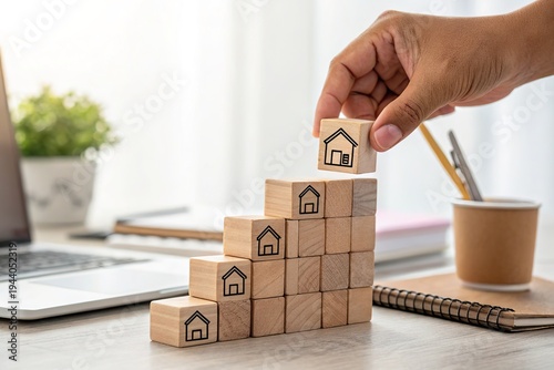 Hand placing a wooden block with a house icon on a stack of blocks representing growth in real estate