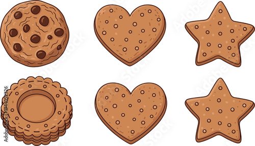 Cute cookie biscuit shapes vector set with chocolate chip round heart star and sandwich cookies sweet bakery illustration