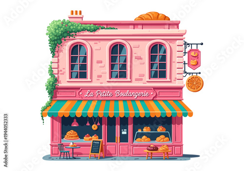 Charming pink Parisian bakery facade with striped awning and fresh pastries displayed