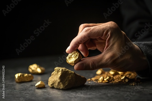 Hand holding a shiny gold nugget with scattered gold pieces on a dark surface, symbolizing wealth