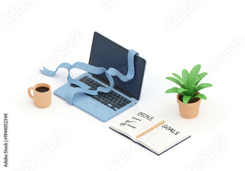 Creative workspace setup with laptop, notebook with goals, coffee and plant for productivity and planning