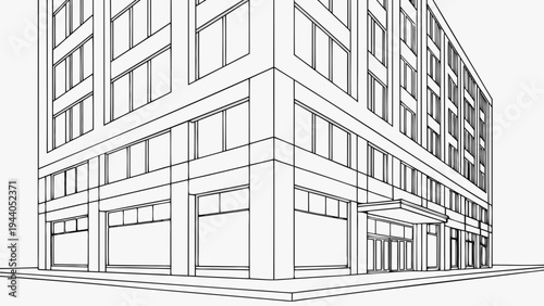 A modern office building with a sleek architectural design and large windows