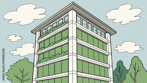 A modern office building with green windows and trees around it