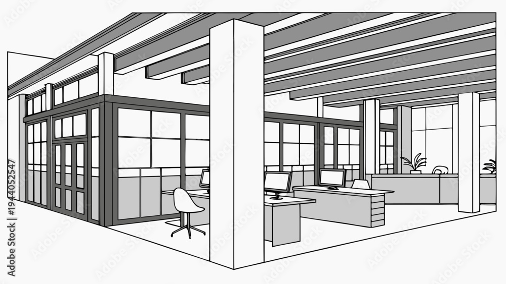 Fototapeta premium A modern office interior with a minimalist design and open layout