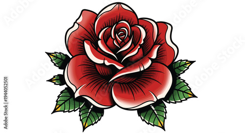 Vibrant red tattoo-style rose with delicate green leaves and stems Vector