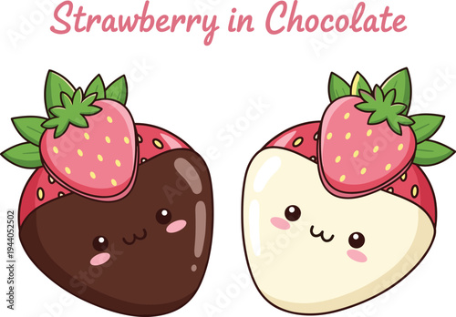 Cute cartoon strawberries dipped in chocolate with smiling faces text Strawberry in Chocolate, playful dessert design, flat vector illustration