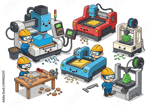 Cute cartoon characters operating CNC machines and 3D printers in a workshop setting