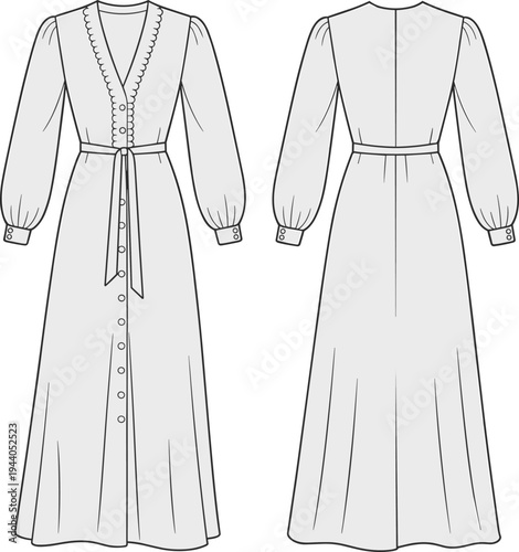 Flat sketch of long button front dress with belt, puff sleeves, V-neckline, cuff detail, back seam, technical fashion drawing