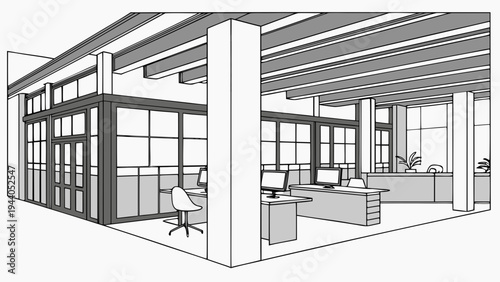 A modern office interior with a minimalist design and open layout