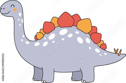 Cute cartoon stegosaurus dinosaur with purple body, red orange plates, cheerful smiling face, friendly prehistoric animal design, playful flat vector illustration