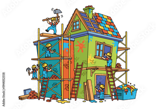 Cartoon construction workers building a colorful house with scaffolding and ladders