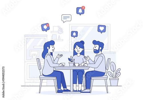 A casual coffee break for three friends sharing stories and enjoying each other's company