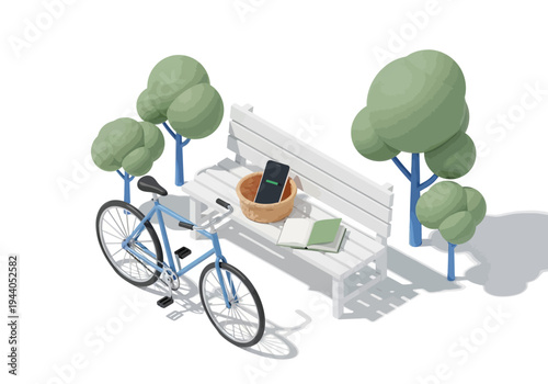 Illustration of a bicycle and a bench in a park with a book and a phone