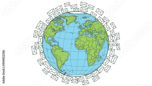 Illustration of earth globe surrounded by ring of white envelopes symbolizing global communication and worldwide digital messaging on white background