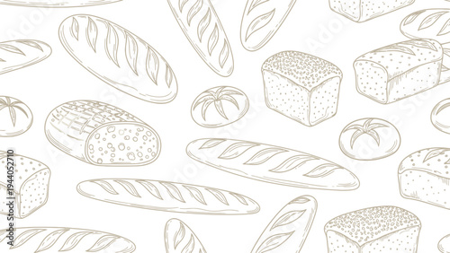 Seamless pattern with hand drawn loaves and rolls, bakery background, outline style, light brown contours on white, bread types