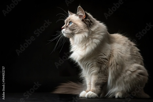 Majestic profile of a fluffy cat with striking blue eyes sitting gracefully against a dark backdrop