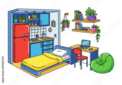 Cozy cartoon studio apartment with bed, kitchen, desk, and bean bag chair