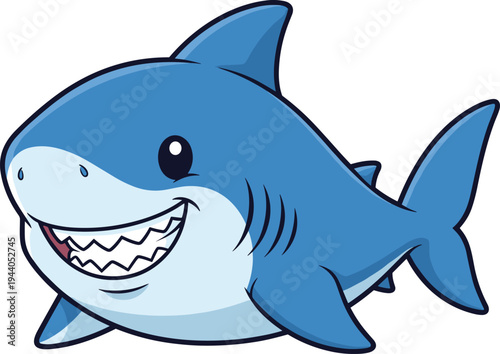 Playful cartoon blue shark with big smile, sharp teeth, rounded body, expressive eyes, friendly humorous character design, fun flat vector illustration