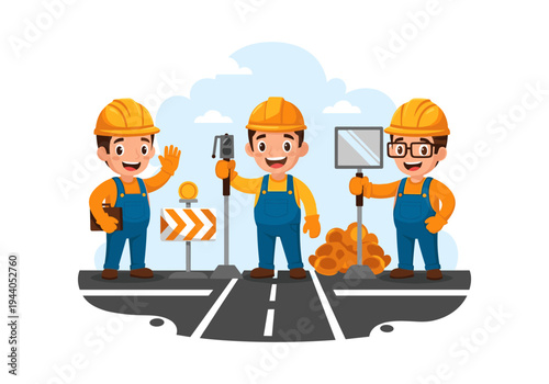 Cartoon construction workers on a road with safety equipment and materials