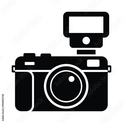 Vector graphic of a classic camera with a mounted external flash unit