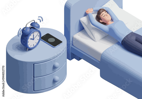 Waking up in the morning with an alarm clock and phone on the nightstand next to the bed
