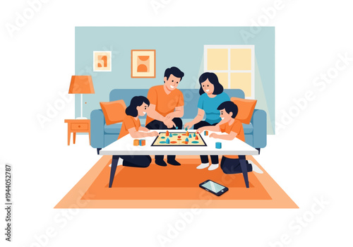 Happy family playing a board game together on the couch in a living room