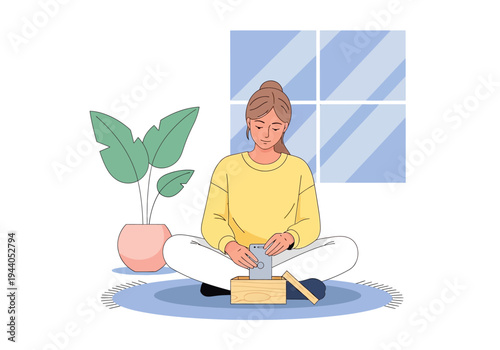 Young woman sits cross-legged on the floor, opening a box with a gift inside, surrounded by plants and natural light