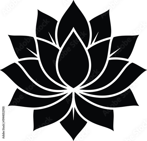 Elegant symmetrical lotus flower silhouette design symbolizing purity, enlightenment, rebirth, balance, harmony, and spiritual awakening in bold artistic form.