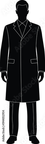 Minimalist black and white silhouette of person in long overcoat and suit, symbolizing professionalism, elegance, fashion, and modern style.