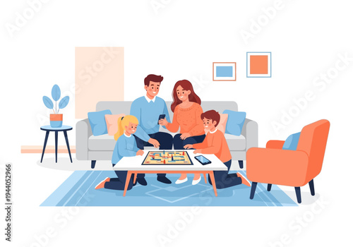 Happy family enjoying a board game together on the floor in their living room, smiling and interacting with each other