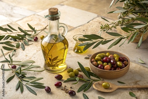 Olive oil bottle surrounded by fresh olives and leaves on a rustic stone table with natural light