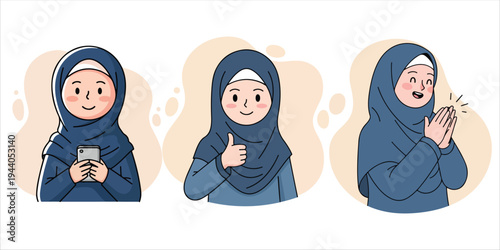 Young Muslim woman in hijab showing various gestures and emotions