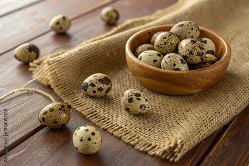 Quail eggs arranged artistically on a rustic wooden table with a bowl, showcasing their unique patterns