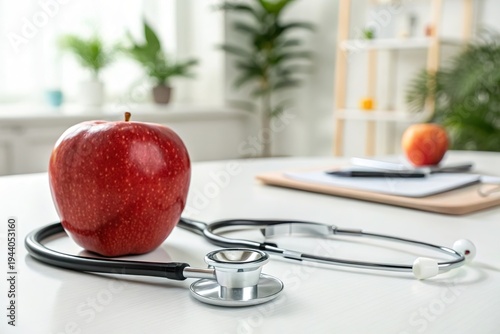 Red apple beside a stethoscope on a desk in a bright medical office with plants in the background
