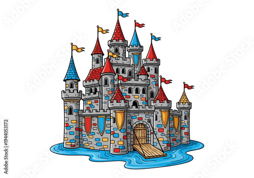 Whimsical cartoon castle with colorful flags and a moat, perfect for fantasy themes