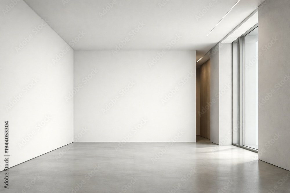 Obraz premium Minimal Modern Interior with Large Blank Wall and Floor to Ceiling Windows for Product Display or Advertising
