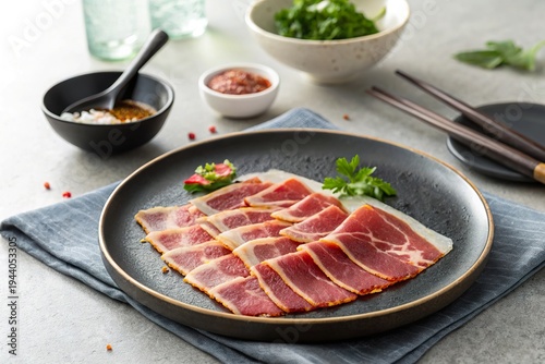 Sliced cured meat arranged elegantly on a black plate with herbs and sauces in a modern kitchen setting