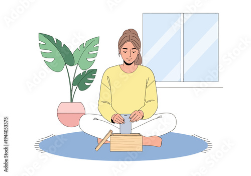 Calm woman meditating indoors with focus on relaxation and mindfulness, creating a peaceful environment