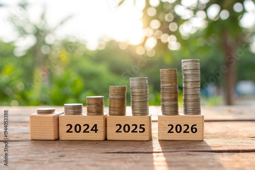 Stacked coins and wooden blocks representing financial growth from 2024 to 2026 in a garden setting