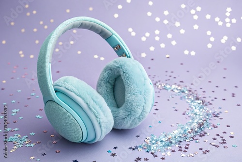 Soft blue headphones resting on a purple surface surrounded by colorful star-shaped confetti