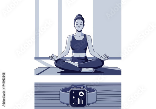 Serene woman meditating in lotus pose on yoga mat near smartwatch, promoting wellness and mindfulness