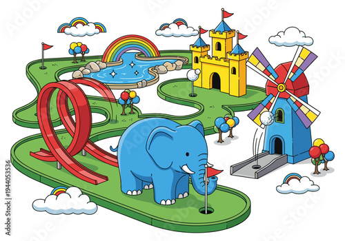 Whimsical mini golf course with cartoon elephant, castle, and windmill