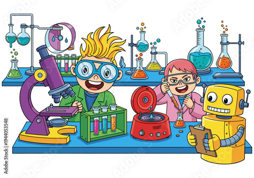 Children in lab coats conducting experiments with a robot assistant and colorful liquids