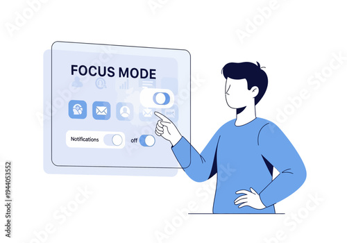Man activating focus mode on a digital interface, enhancing productivity and concentration