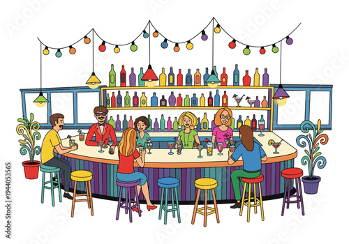 Diverse group of people enjoying drinks at a colorful, lively bar with string lights