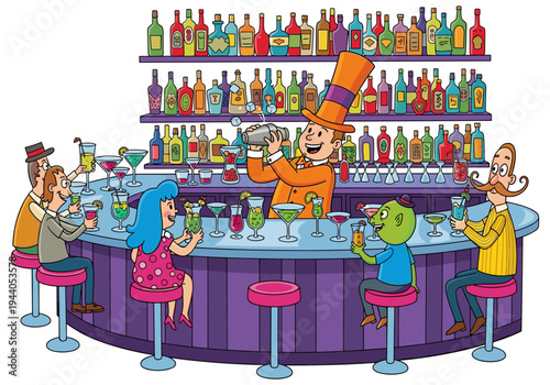 Cartoon bartender in orange suit and hat shaking cocktail at a busy bar with patrons