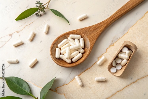 White capsules arranged on a wooden spoon and scoop, surrounded by green leaves on a marble surface