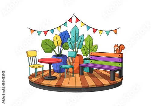 Charming outdoor seating area with colorful plants, furniture, and a playful squirrel