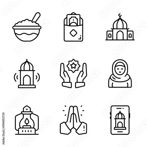 Set of Ramadan and Islamic icons in outline style, perfect for religious themes.